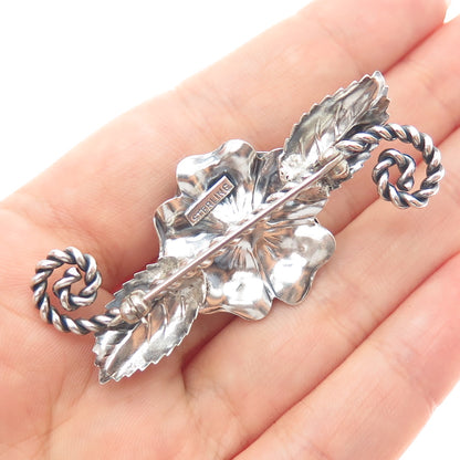925 Sterling Silver Antique Art Deco Peony Flower Oxidized Pin Brooch