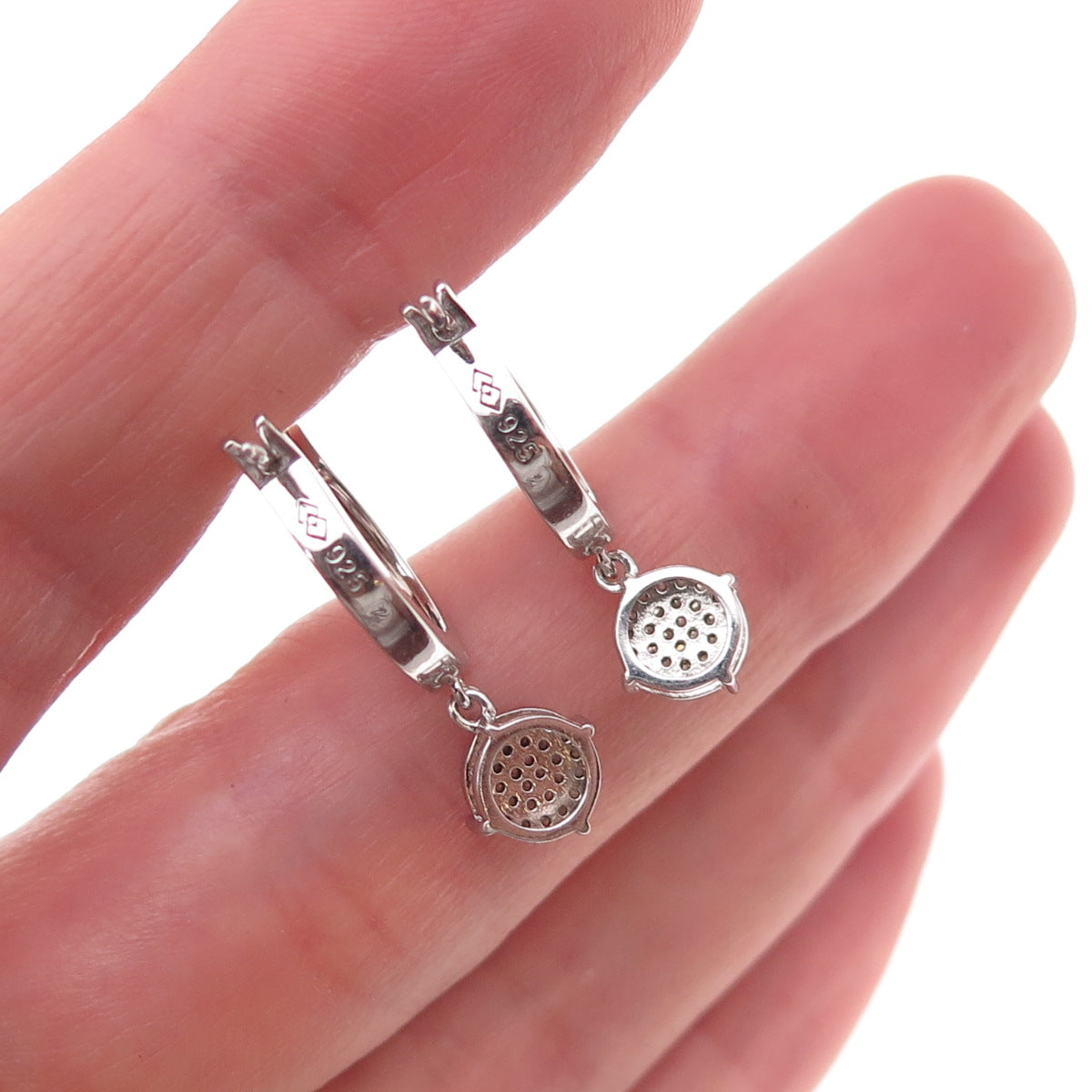 925 Sterling Silver Real Round-Cut Diamond Dangle Charm Hoop Earrings