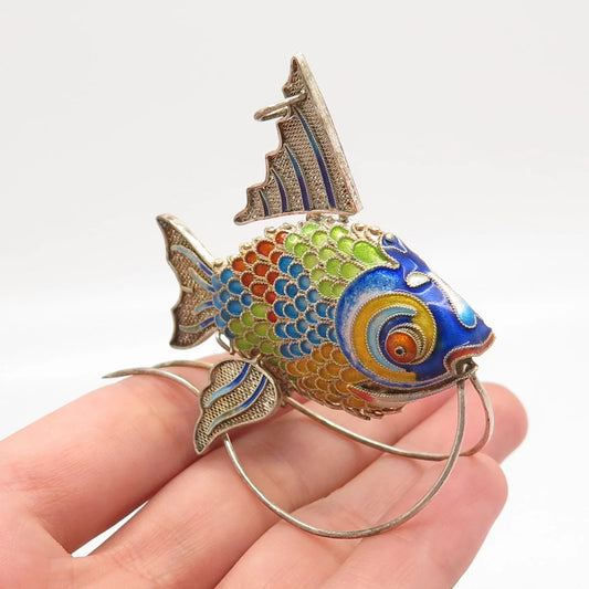 925 Sterling Silver Enamel Antique Chinese Koi Fish Articulated Fob / Pendant
