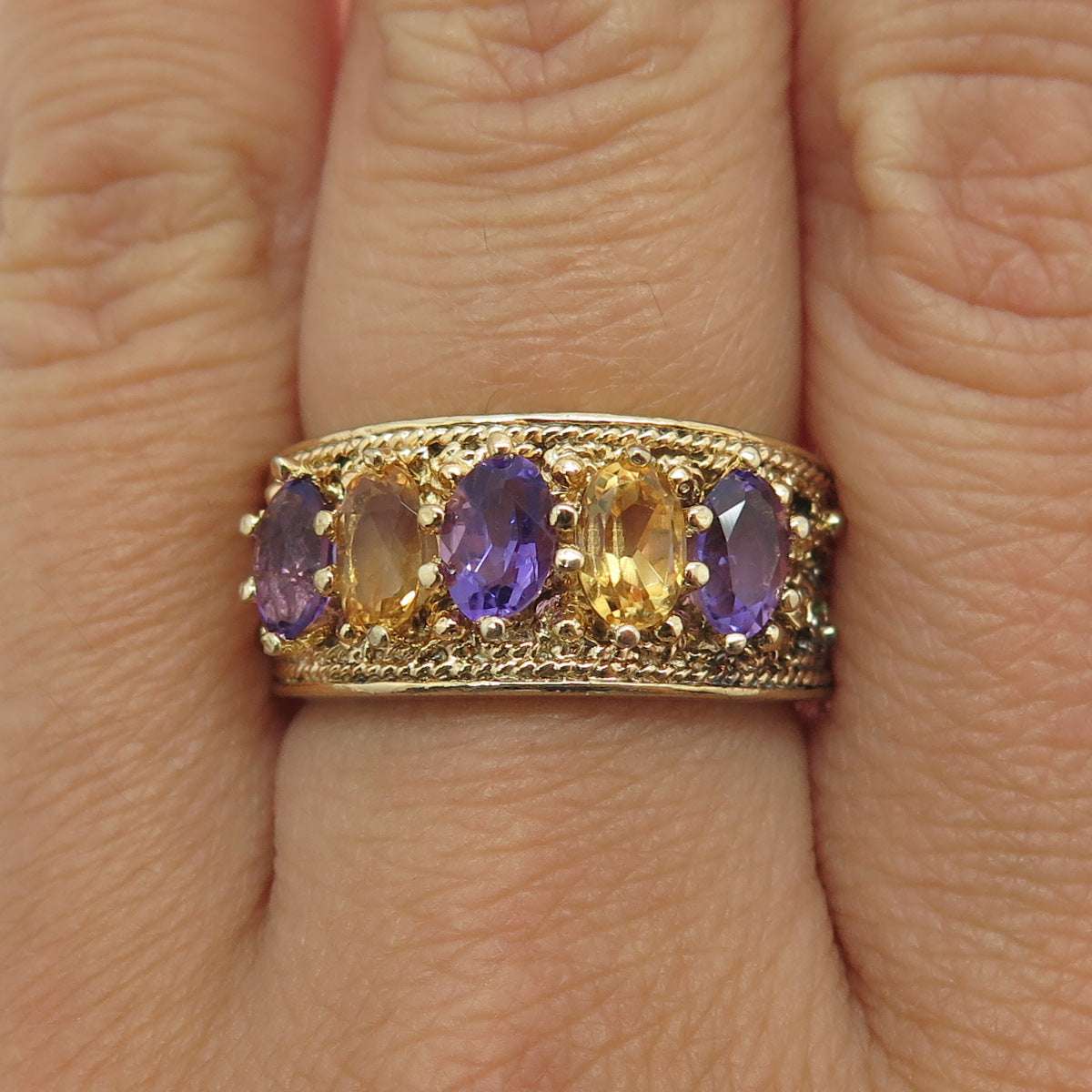 925 Sterling Silver Gold Plated Real Amethyst & Citrine Gemstone Ring Size 8