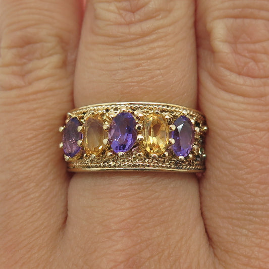 925 Sterling Silver Gold Plated Real Amethyst & Citrine Gemstone Ring Size 8