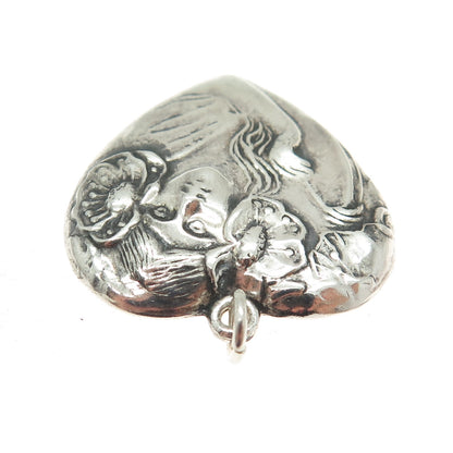 925 Sterling Silver Vintage Repousse Floral Lady Heart Oxidized Pendant