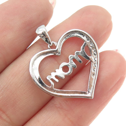 925 Sterling Silver 2-Tone Real Round-Cut Diamond "Mom" Heart Pendant