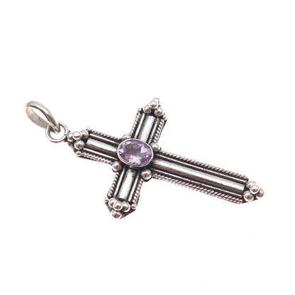 925 Sterling Silver Vintage Real Amethyst Cross Oxidized Pendant