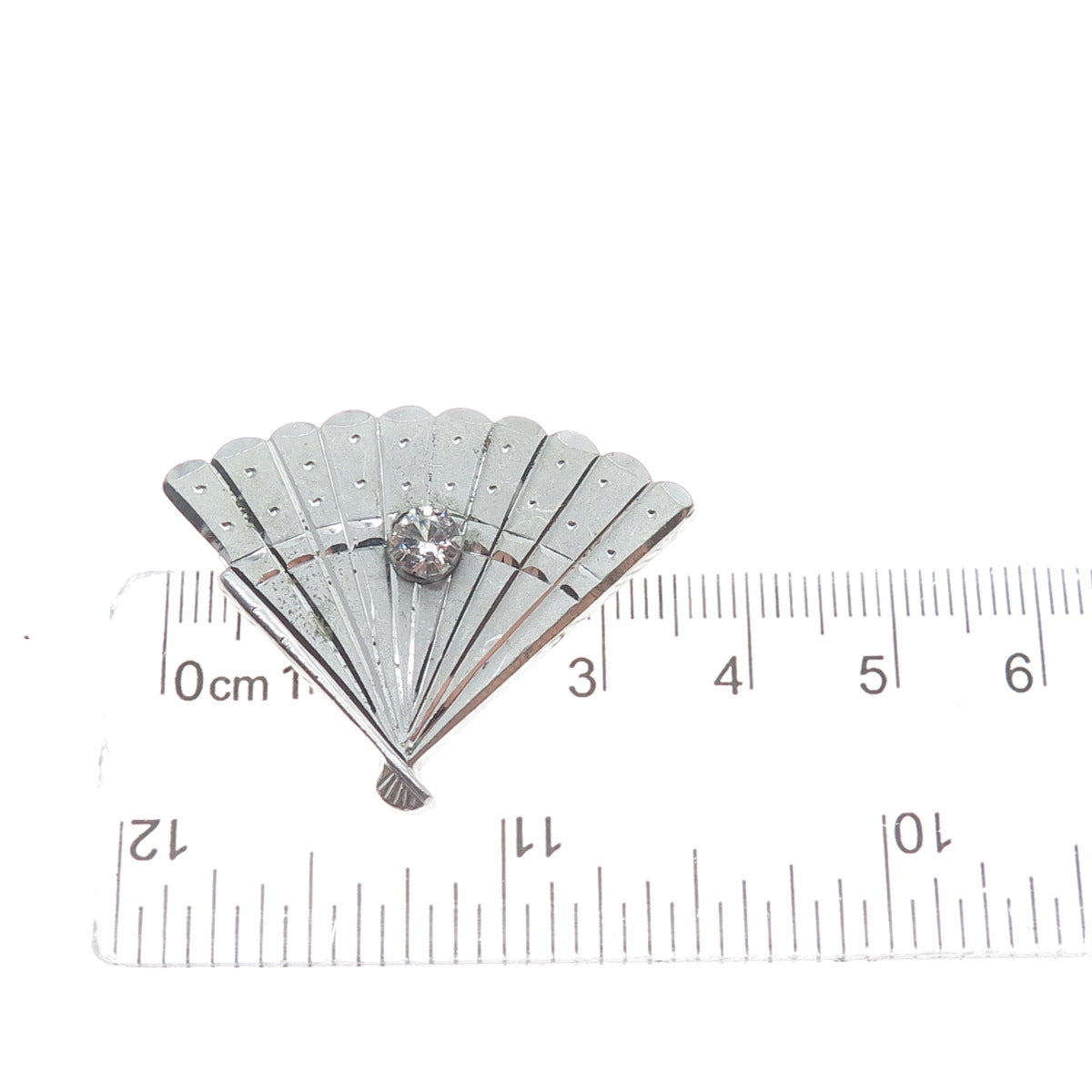 925 Sterling Silver Vintage Real White Topaz Japanese Fan Pin Brooch