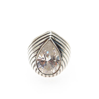 925 Sterling Silver Vintage Pear-Cut C Z Modernist Ribbed Oxidized Ring Size 7.5
