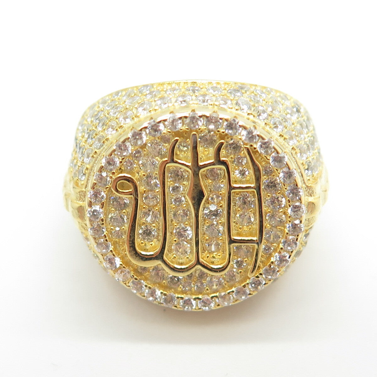 925 Sterling Silver Gold Plated Pave C Z Muslims Allah Religious Ring Size 9.5