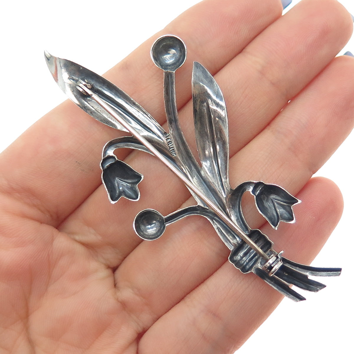925 Sterling Silver Antique Art Deco Tulip Flower Oxidized Pin Brooch
