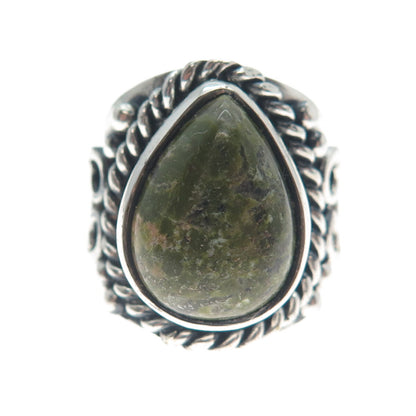 925 Sterling Silver Vintage Real Pear-Cut Unakite Heart Oxidized Ring Size 8.5