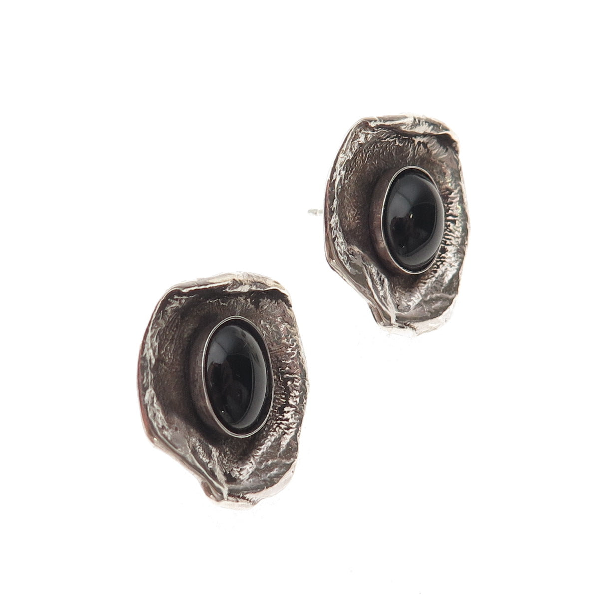 925 Sterling Silver Vintage Real Black Onyx Modernist Oxidized Earrings
