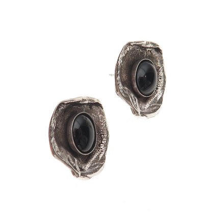 925 Sterling Silver Vintage Real Black Onyx Modernist Oxidized Earrings
