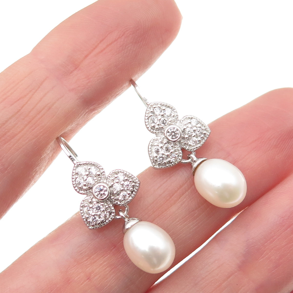 ESPO Joseph Esposito 925 Sterling Silver Real Pearl & C Z Floral Earrings