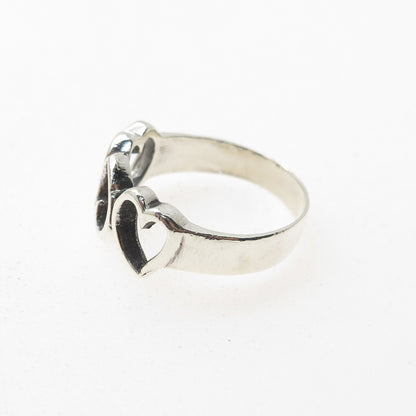 925 Sterling Silver Vintage Triple Heart Oxidized Ring Size 6.75