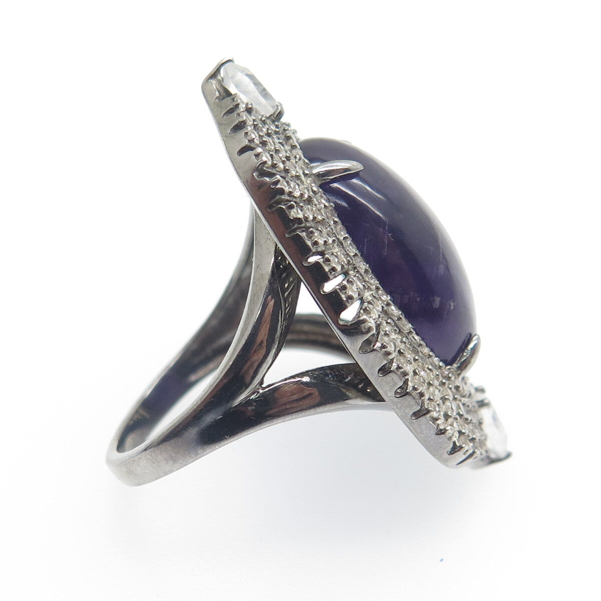 925 Sterling Silver Black Rhodium Vintage Amethyst Moonstone & Topaz Ring Size 7