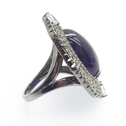 925 Sterling Silver Black Rhodium Vintage Amethyst Moonstone & Topaz Ring Size 7