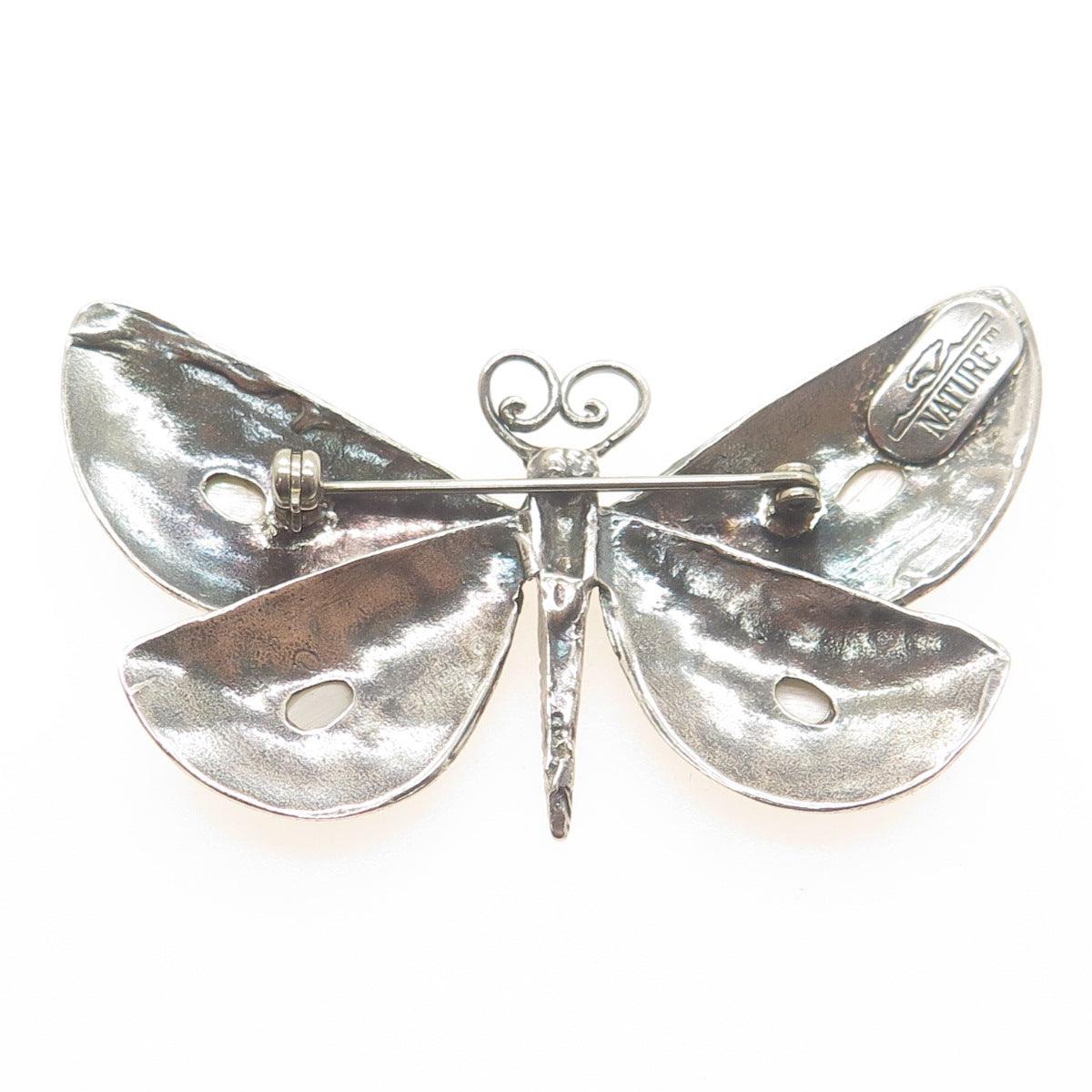 NATURE 925 Sterling Silver Vintage Real Mother-of-Pearl Butterfly Pin Brooch