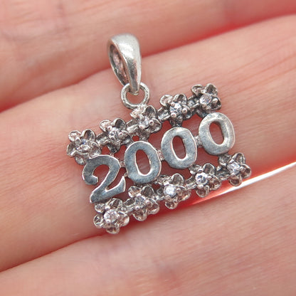 925 Sterling Silver Vintage C Z 2000 Millennium Flower Minimalist Charm Pendant
