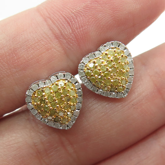 925 Sterling Silver 2-Tone Real Round-Cut Canary & White Diamond Heart Earrings