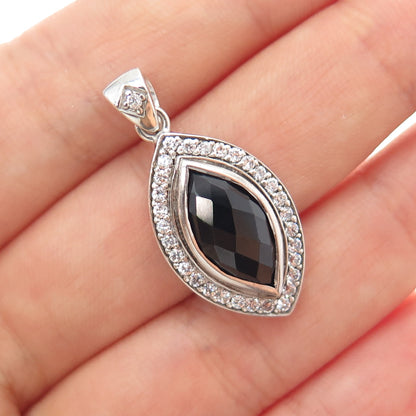 925 Sterling Silver Real Marquise-Cut Black Spinel & C Z Charm Pendant