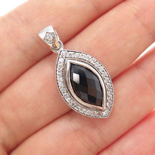 925 Sterling Silver Real Marquise-Cut Black Spinel & C Z Charm Pendant