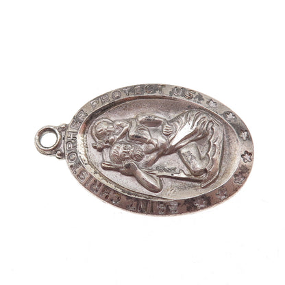 925 Sterling Silver Vintage St. Christopher Religious Oxidized Charm Pendant