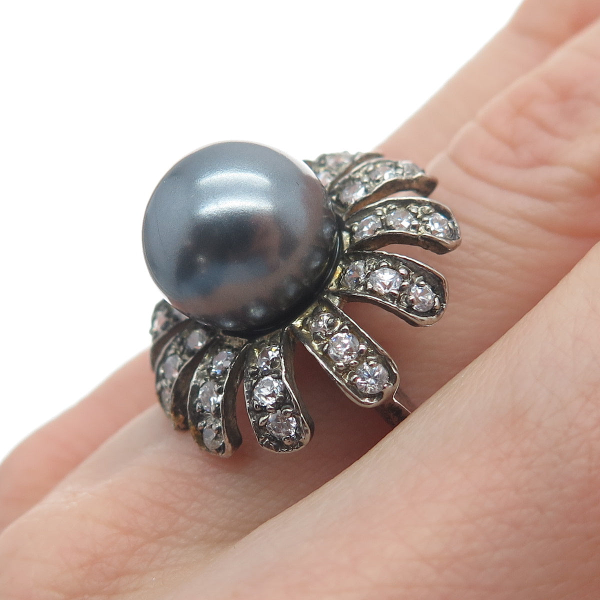 DBJ DEE BERKLE 925 Sterling Silver Vintage Faux Pearl & C Z Flower Ring Size 5.5
