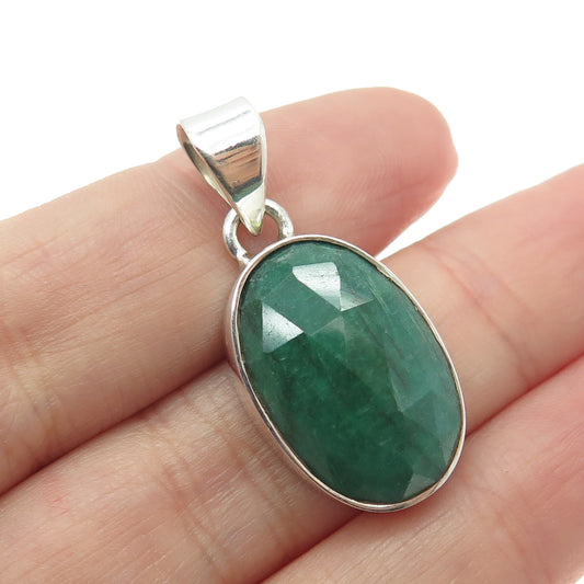 925 Sterling Silver Vintage Real Oval-Cut Emerald Pendant