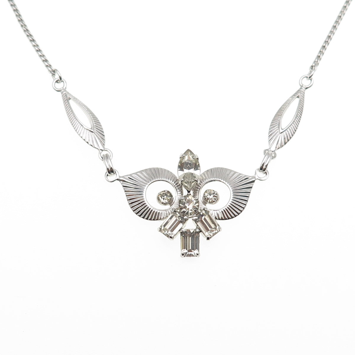LORAN SIM 925 Sterling Silver Antique Art Deco Rhinestone Chain Necklace 16"
