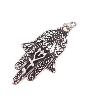 925 Sterling Silver Vintage Israel Hamsa Amulet Filigree Charm Pendant