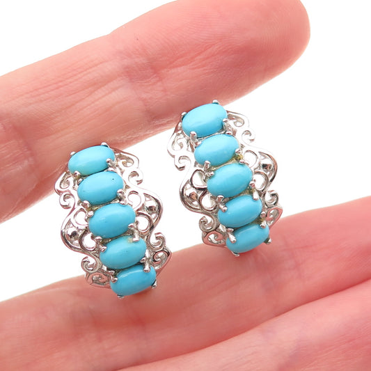 925 Sterling Silver Real Sleeping Beauty Turquoise Ornate Hoop Earrings