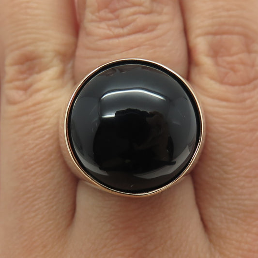 14K Yellow Gold 925 Sterling Silver Vintage Black Onyx Modernist Ring Size 7.25