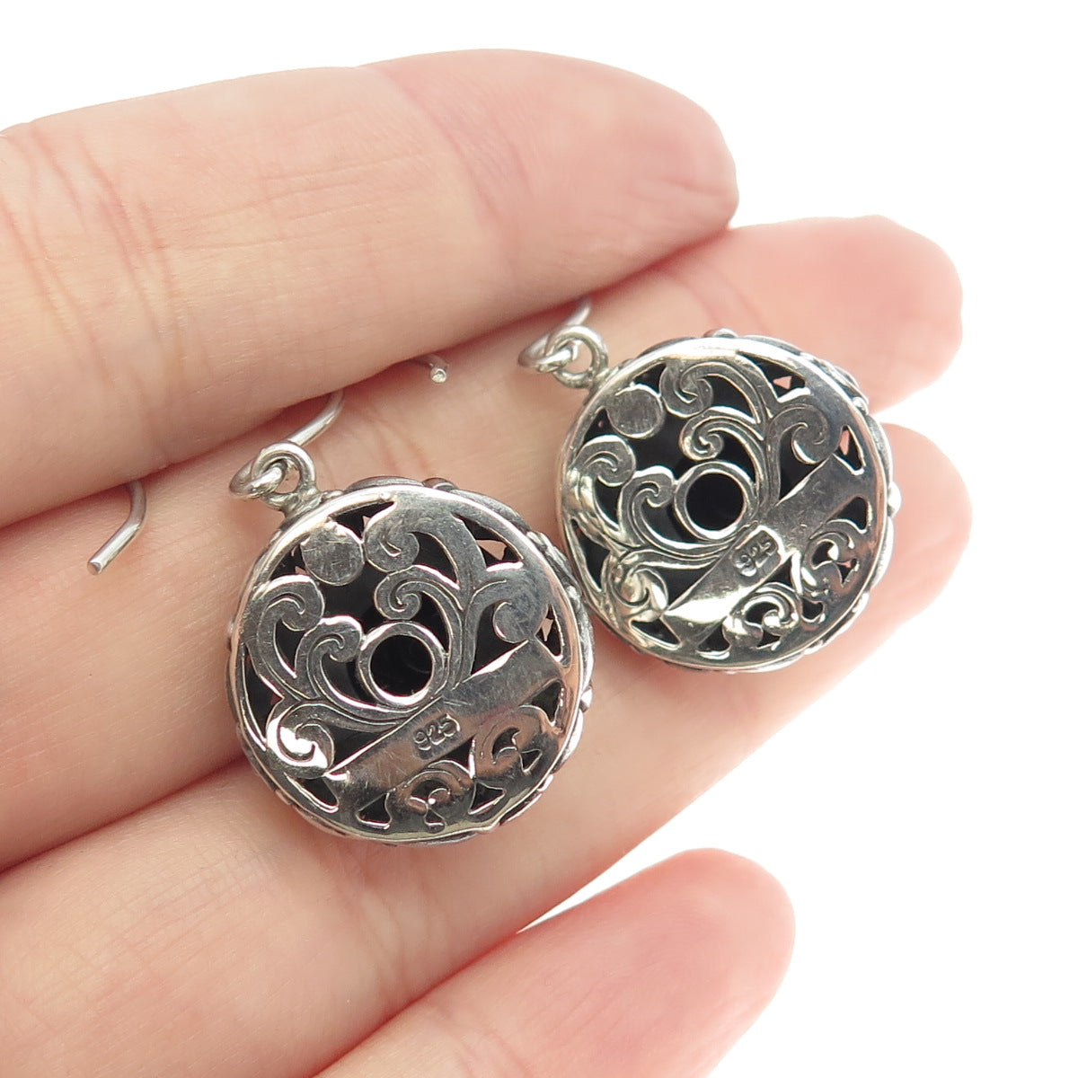 925 Sterling Silver Vintage Real Black Spinel Ornate Floral Dangling Earrings