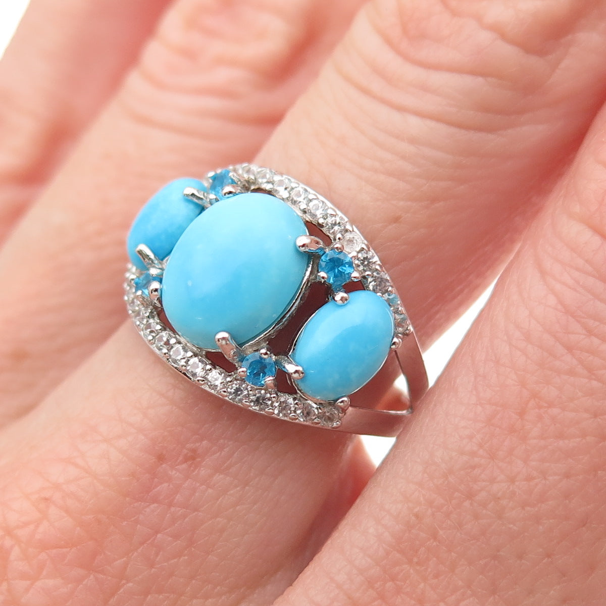 925 Sterling Silver Real Turquoise Apatite & White Topaz Ring Size 8.25