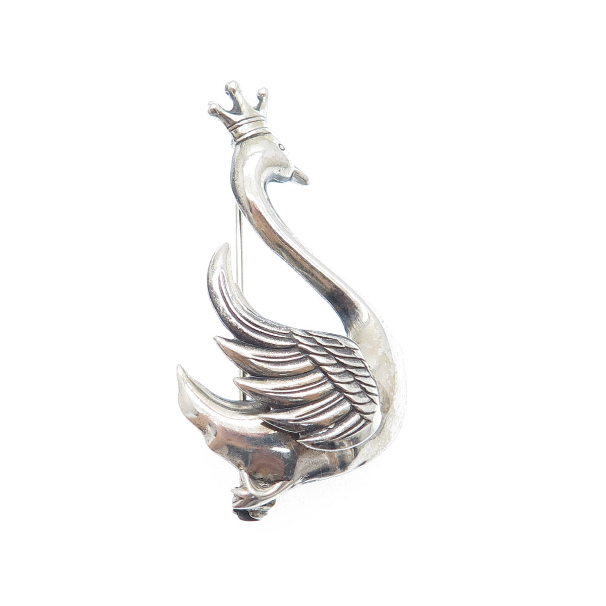 LANG 925 Sterling Silver Vintage Crown Swan Bird Oxidized Pin Brooch