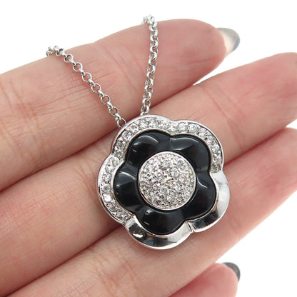 925 Sterling Silver Italy Real Black Onyx C Z Floral Pendant Chain Necklace 20"