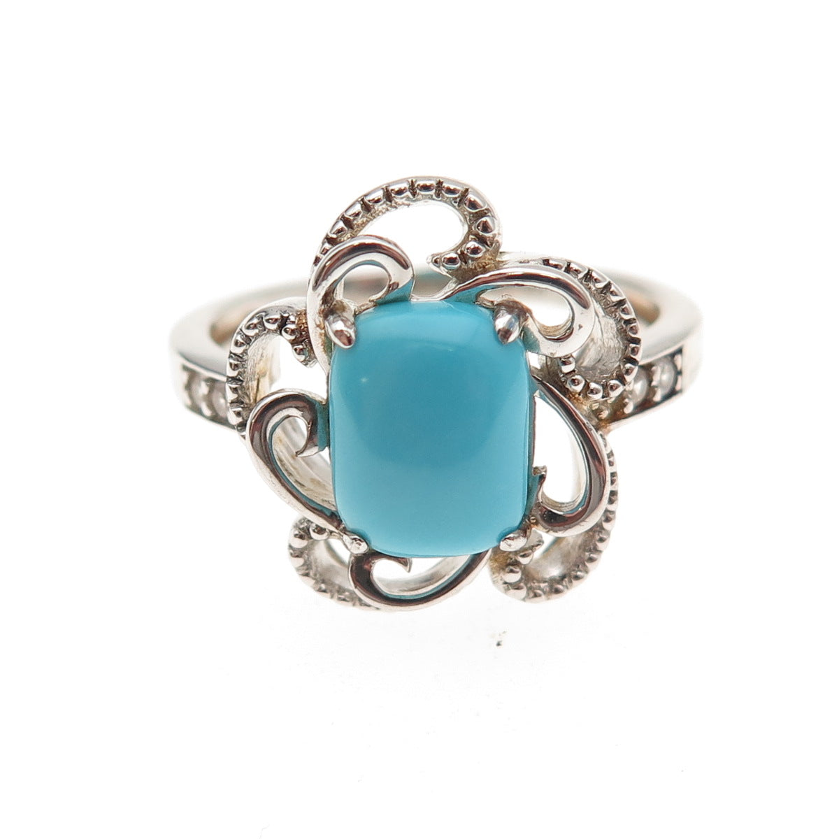 925 Sterling Real Sleeping Beauty Turquoise & White Topaz Floral Ring Size 8