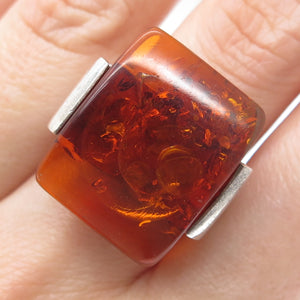 925 Sterling Silver Vintage Real Amber Modernist Oxidized Ring Size 8.25