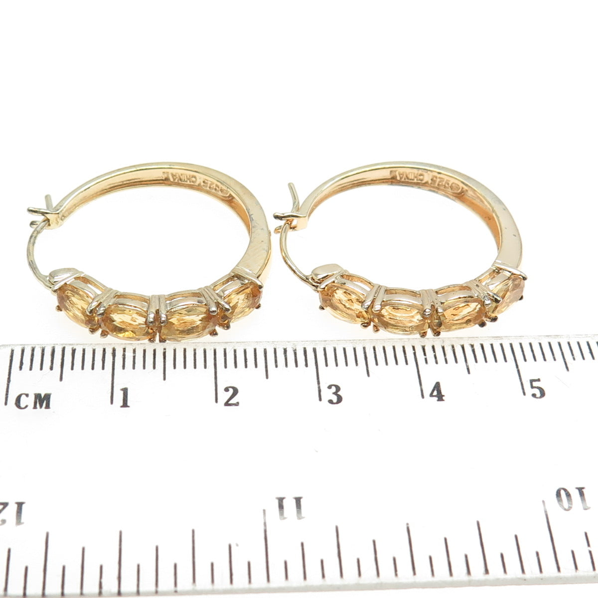 925 Sterling Silver Gold Plated Citrine Gem Hinged Hoop Earrings