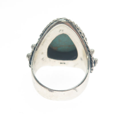 925 Sterling Silver Vintage Real Pear-Cut Turquoise Oxidized Ring Size 9.25