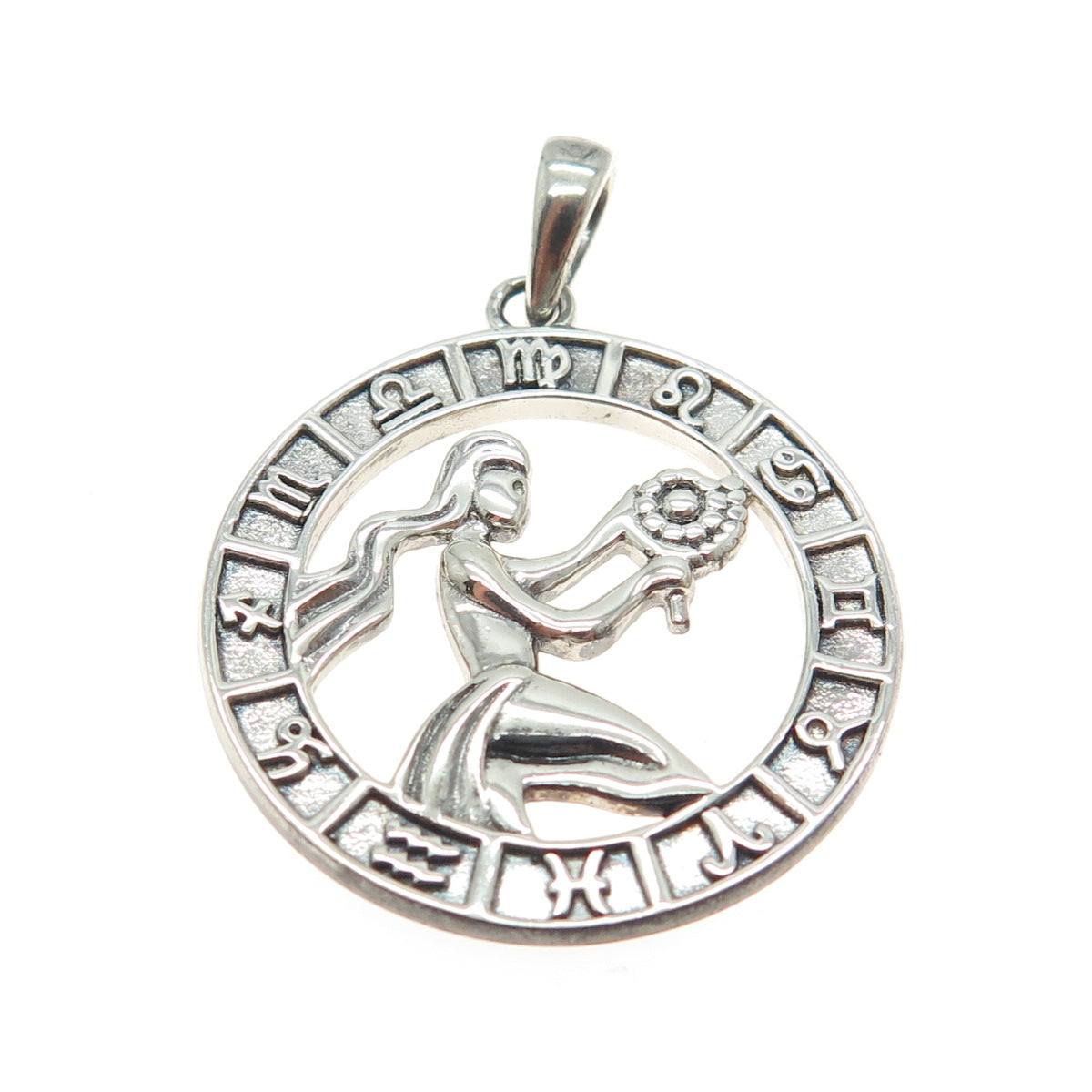 925 Sterling Silver Vintage Virgo Zodiac Calendar Round Pendant