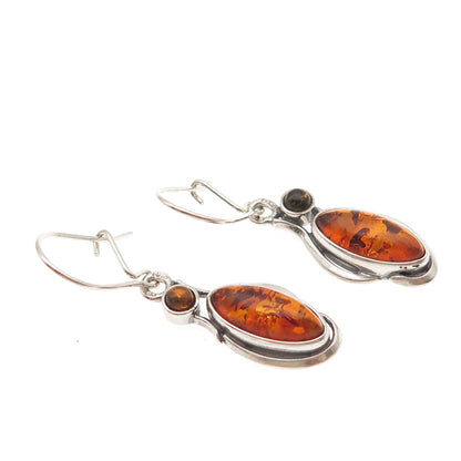 925 Sterling Silver Vintage Real Amber Modernist Dangle Earrings