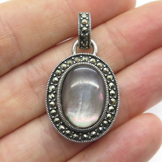 925 Sterling Silver Vintage Real Abalone Shell & Marcasite Oxidized Pendant