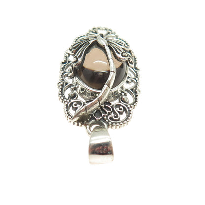 925 Sterling Silver Vintage Real Smoky Quartz Dragonfly Ornate Pendant