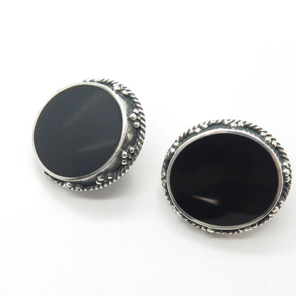 925 Sterling Silver Vintage WOODS Real Black Onyx Gemstone Earrings