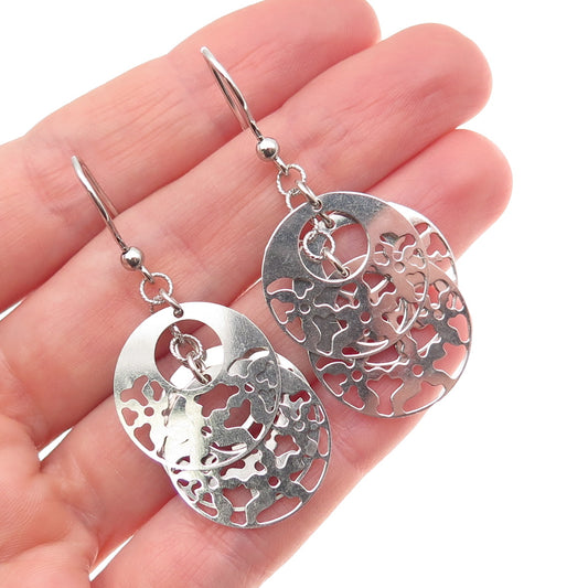 925 Sterling Silver Floral Disc Dangle Earrings