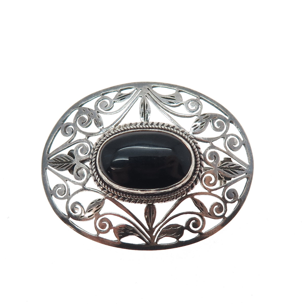 925 Sterling Silver Vintage Real Black Onyx Modernist Floral Oxidized Pin Brooch