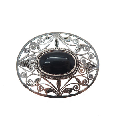 925 Sterling Silver Vintage Real Black Onyx Modernist Floral Oxidized Pin Brooch