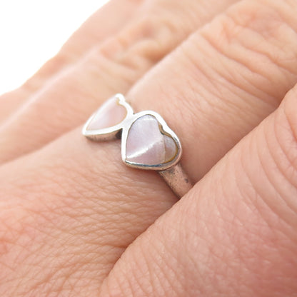 925 Sterling Silver Vintage Real MOP Couple Heart Ring Size 7.25