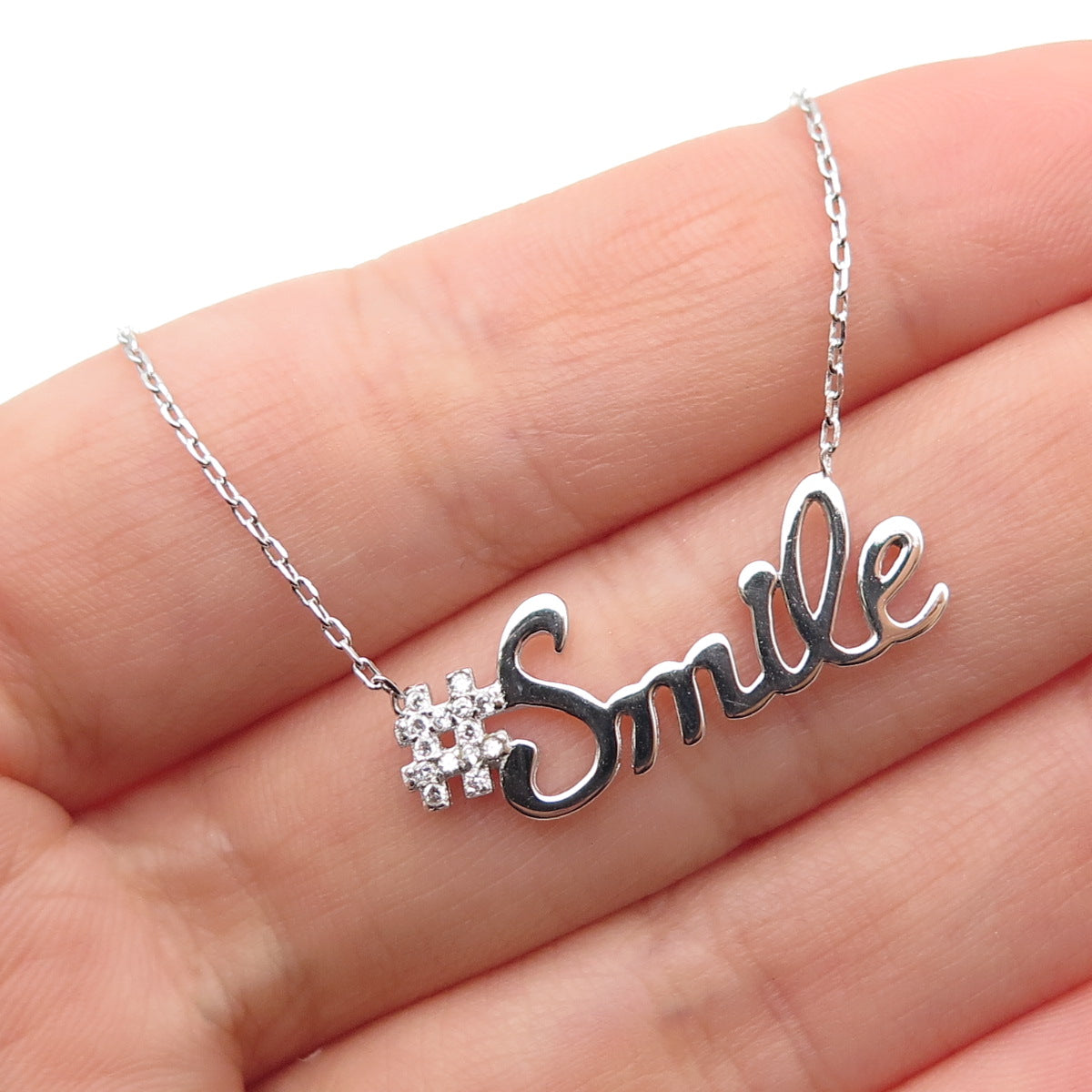 925 Sterling Silver Round-Cut C Z #Smile Cable Chain Necklace 16-18"