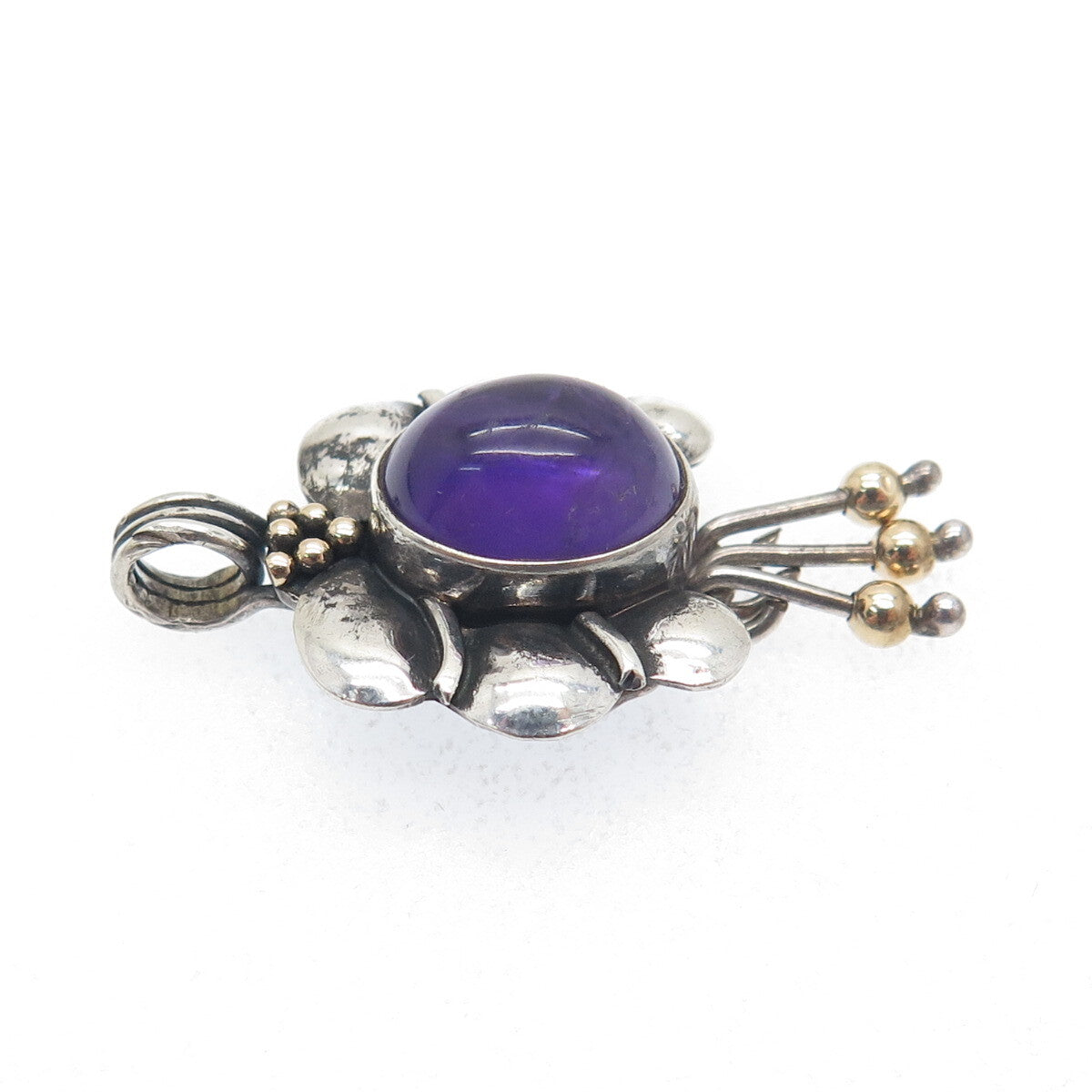ORION Sterling Silver & 14K Gold Vintage Real Amethyst Modernist Flower Pendant